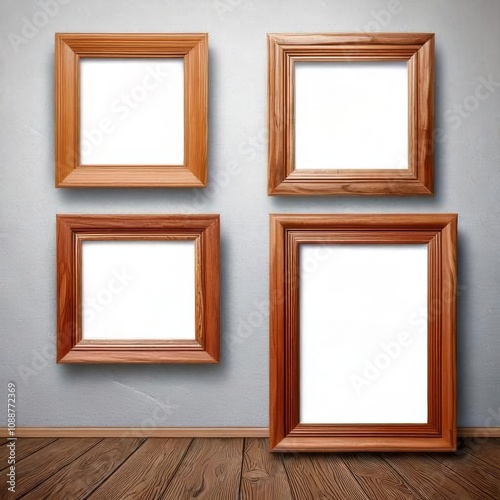 Blank wooden picture frames for text or design to be placed inside on a white wall with wooden floor