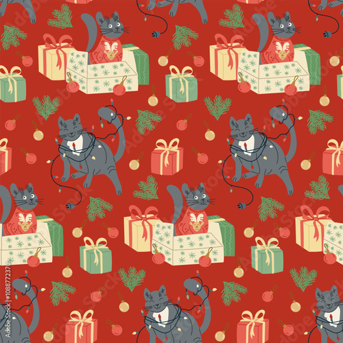 Seamless Christmas pattern with playful cats tangled in holiday lights and sitting with gifts on red background. Vector hand drawn illustration. Perfect for festive wrapping paper and seasonal designs