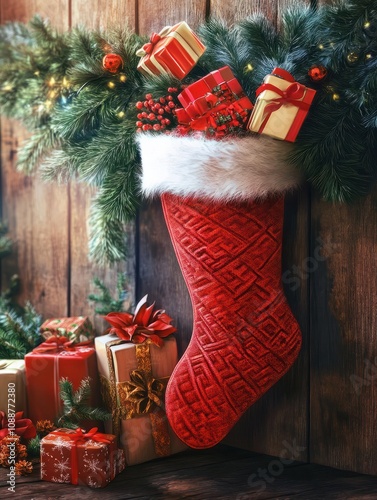 Christmas stocking with gifts on wooden wa ll photo