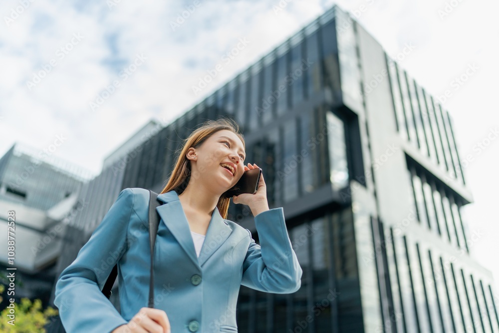 Asian Businesswoman Carrying Laptop Bag Using Phone In Front Of A Modern Office Building Asian Businesswoman Carrying Laptop Bag Using Phone In Front Of A Modern Office Building