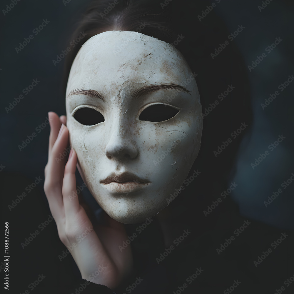 Fototapeta premium Mysterious woman holding a white mask, symbolic of hidden identity and emotions, dark and moody artistic photography with dramatic lighting, evocative and thought-provoking concept