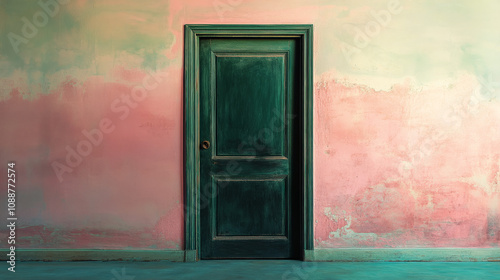 A minimalist shot of a vintage wooden door painted dark green