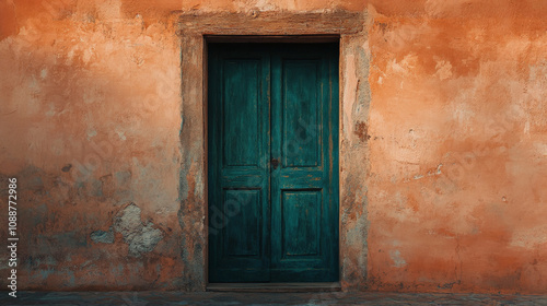 A close-up shot of a vintage wooden door painted in dark teal