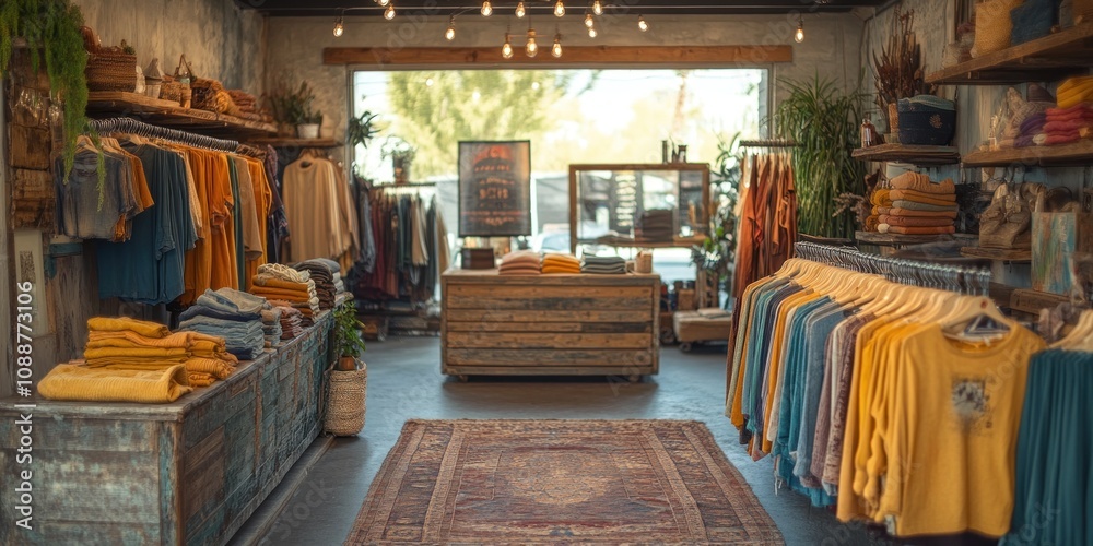 Rustic clothing boutique interior with clothing racks, wooden furniture, and a vintage rug. Rustic clothing boutique interior with clothing racks, wooden furniture, and a vintage rug.