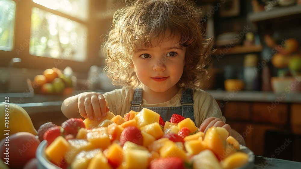 Child making fruit salad in kitchen. Child making fruit salad in kitchen.