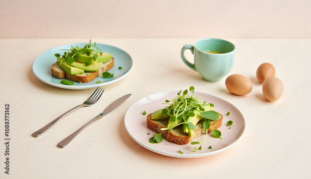 Easter brunch with avocado toast and green salad on pastel plates with eggs and tea Easter brunch with avocado toast and green salad on pastel plates with eggs and tea