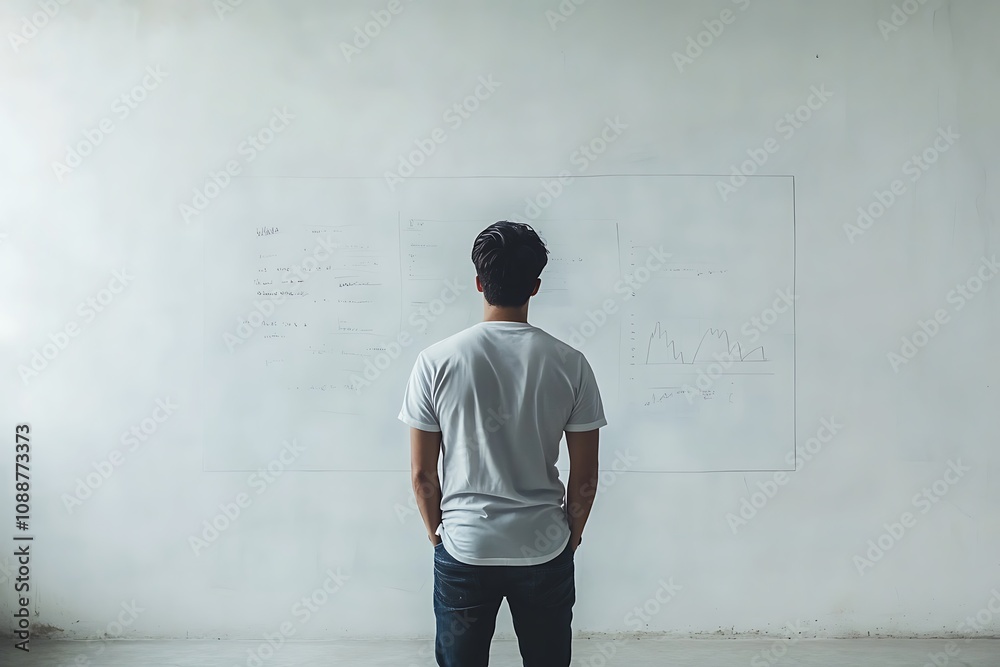 Obraz premium Contemplative Businessman Reviewing Charts and Graphs on Whiteboard. Strategic Planning and Data Analysis for Success.