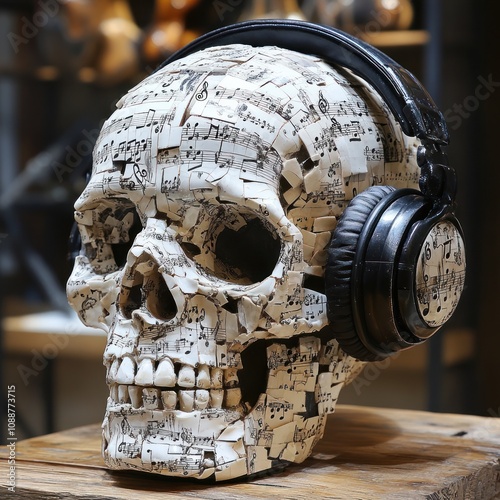 A skull art piece adorned with music sheets and headphones, symbolizing the fusion of music and life. photo