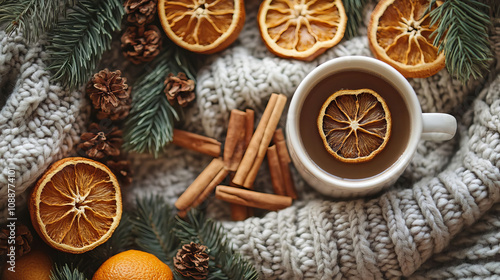 Cozy Winter Drink with Dried Orange Cinnamon Sticks and Pine Branches