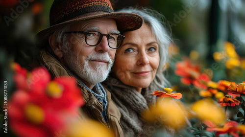 Elderly couple enjoying time together in a garden full of vibrant flowers during a sunny afternoon. Generative AI