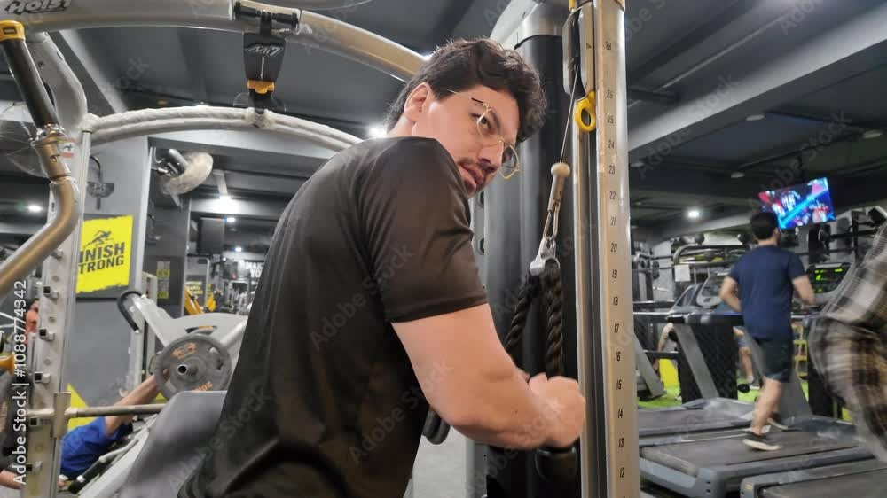 -Young Man Performing Cable Tricep Pushdown Using a Rope in the Gym, with People Working Out in the Background -Young Man Performing Cable Tricep Pushdown Using a Rope in the Gym, with People Working Out in the Background