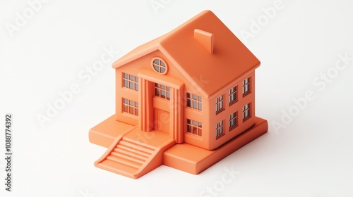 A stylized orange house model with steps and windows, representing home or architecture.