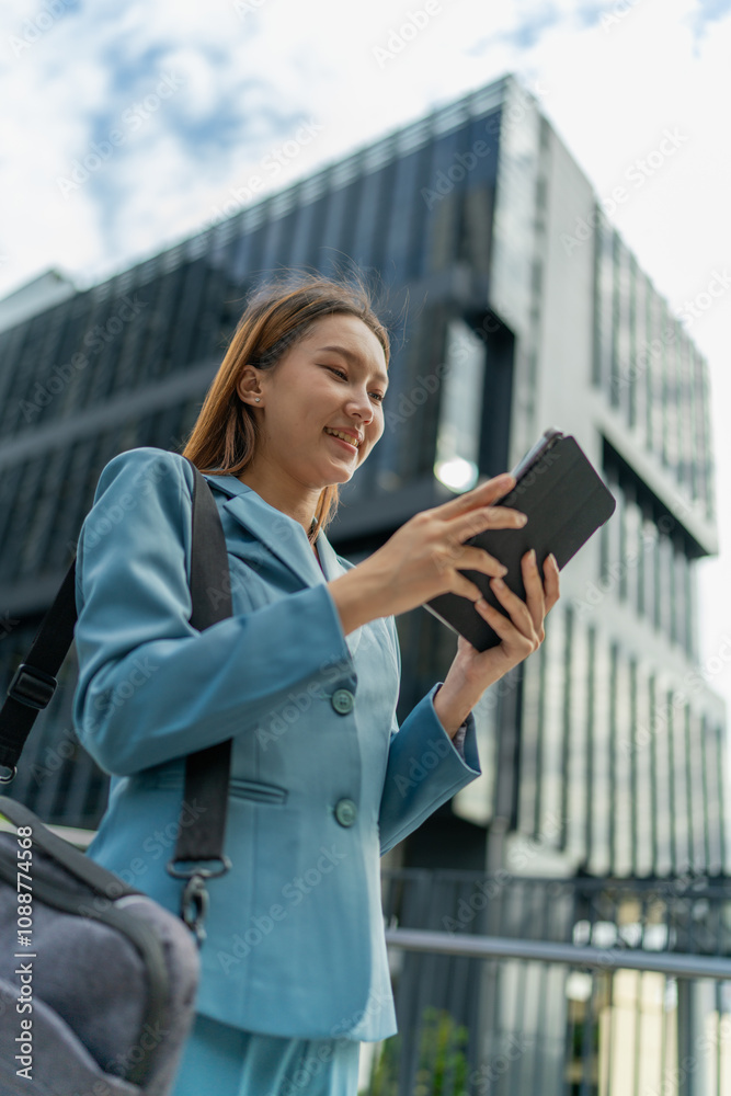 Fototapeta premium Young Asian Businesswoman Using Digital Tablet While On The Way To The Office In The Morning