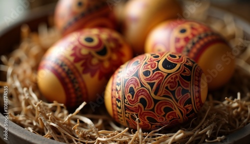 Intricately designed traditional easter eggs resting in straw inside a wooden bowl photo