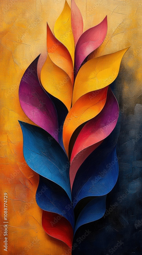 Abstract composition of colorful, layered leaves on a vibrant background. Abstract composition of colorful, layered leaves on a vibrant background.