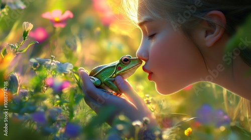 A girl is holding a frog and kissing it. The frog is green and has big eyes. The girl is surrounded by flowers