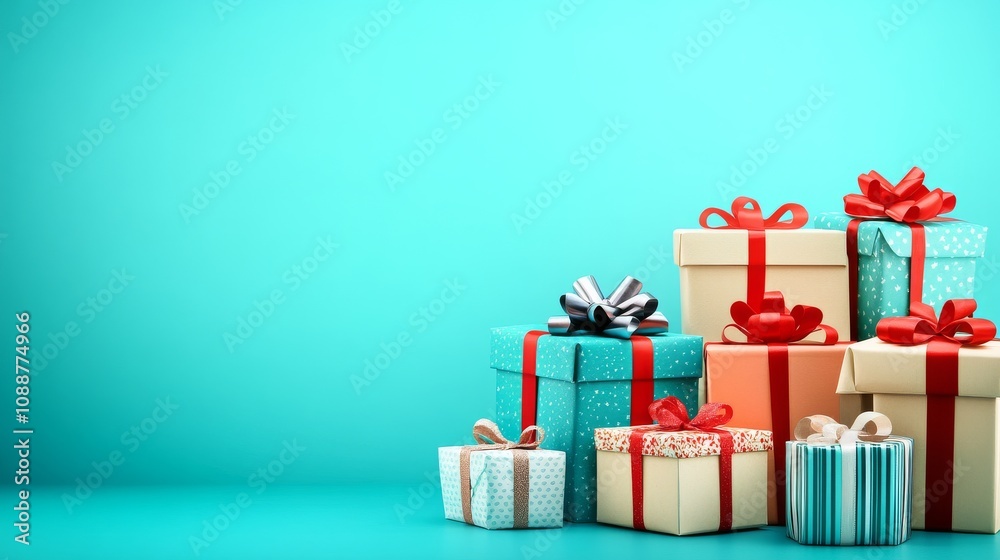 Obraz premium Gift Christmas and New Year A stack of presents with a blue background