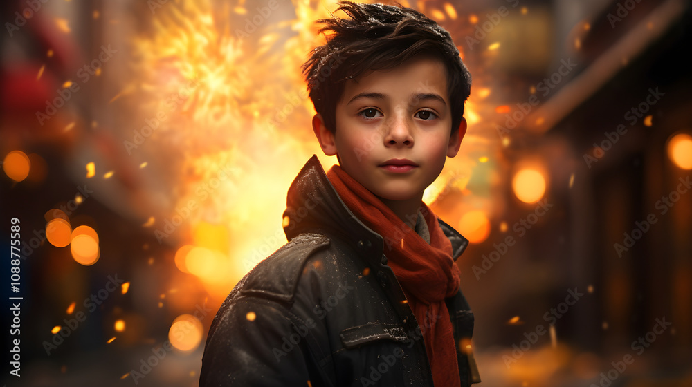 Boy in a Jacket Facing a Fiery Explosion with Sparks and Bokeh Lights Boy in a Jacket Facing a Fiery Explosion with Sparks and Bokeh Lights