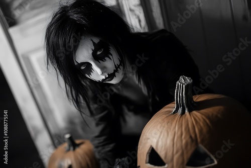 Spooky Halloween Girl With Scary Face Paint And Pumpkins