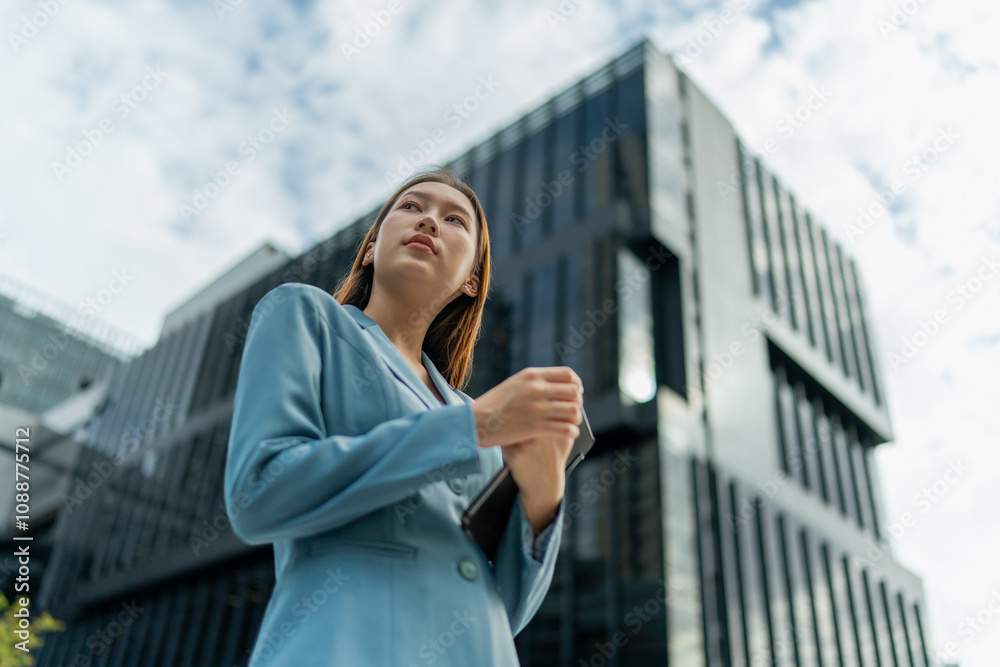 Young Businesswoman Using Digital Tablet In Front A Modern Office Building in a Financial District Young Businesswoman Using Digital Tablet In Front A Modern Office Building in a Financial District