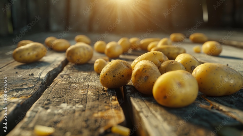 Potatoes scattered on wooden surface Potatoes scattered on wooden surface