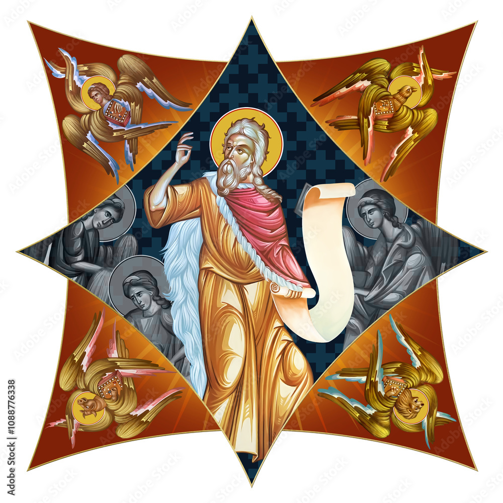 Fototapeta premium Prophet Saint Elijah on cross dome with 4 apostles, angels and seraphim. Illustration in Byzantine style isolated