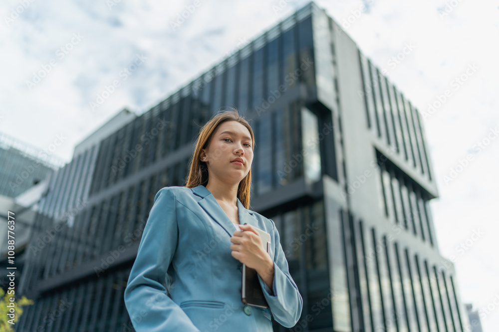 Young Businesswoman Using Digital Tablet In Front A Modern Office Building in a Financial District Young Businesswoman Using Digital Tablet In Front A Modern Office Building in a Financial District