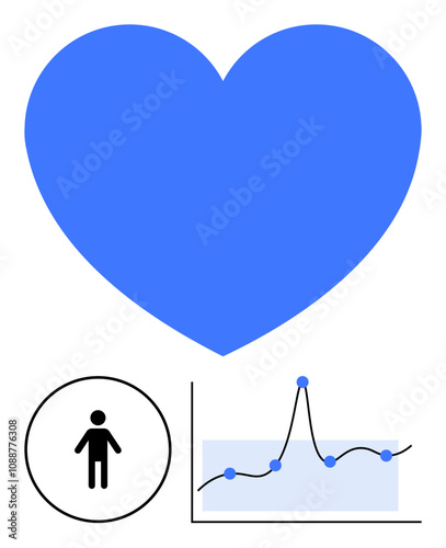 Blue heart human silhouette trajectory graph. Ideal for health, wellness, vitality, analytics, data tracking, medical insights, life sciences. Line metaphor