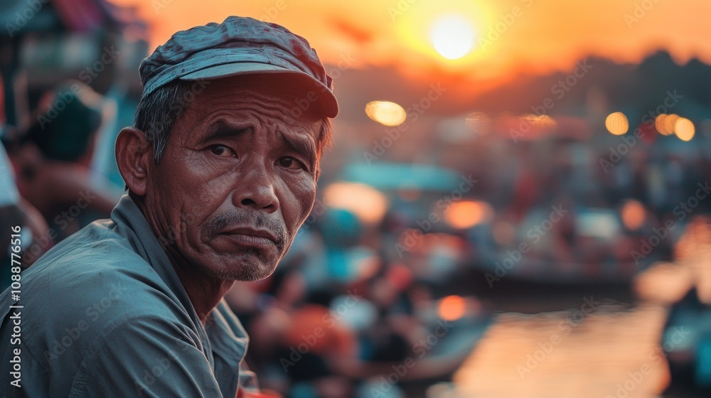 A contemplative man gazes at a sunset over a bustling river scene. A contemplative man gazes at a sunset over a bustling river scene.