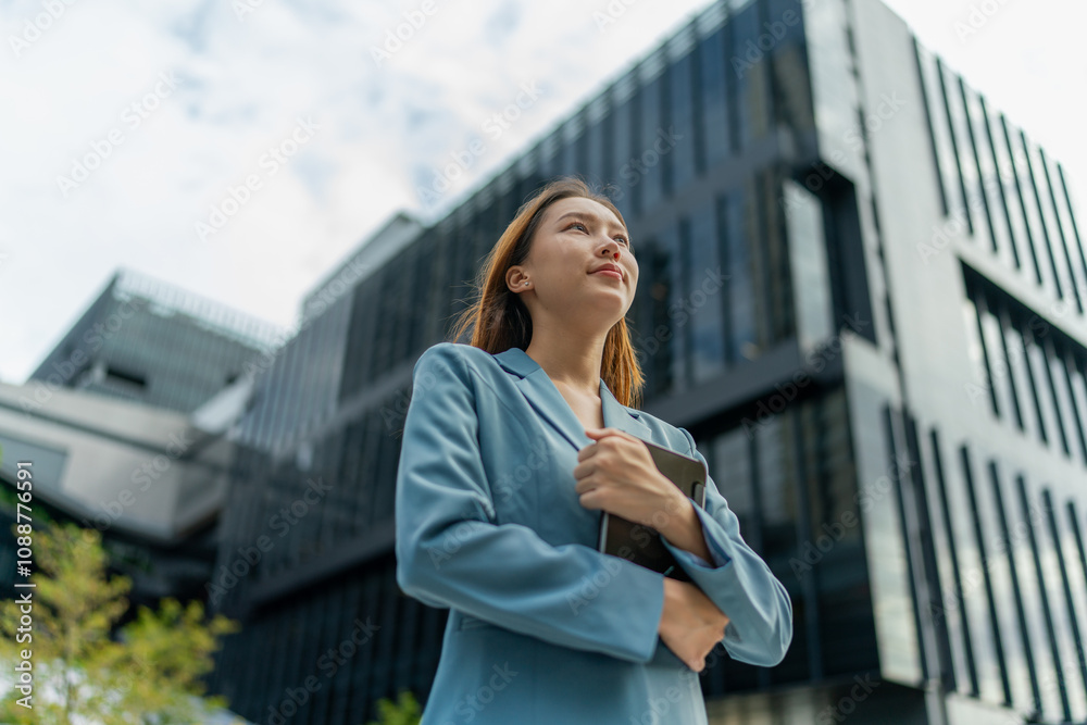 Fototapeta premium Young Businesswoman Using Digital Tablet In Front A Modern Office Building in a Financial District