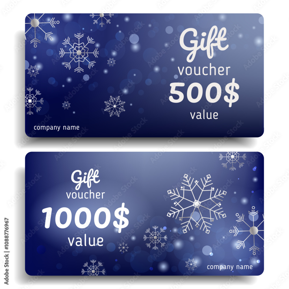 Winter Gift voucher, promotion Coupon banner set.Christmas and New Year premium Gift certificate Voucher, Discount Coupon Template with snowflakes.Vector illustration Winter Gift voucher, promotion Coupon banner set.Christmas and New Year premium Gift certificate Voucher, Discount Coupon Template with snowflakes.Vector illustration