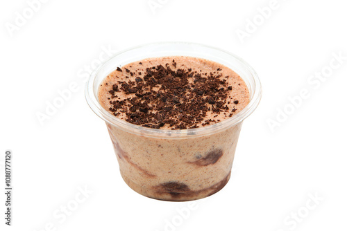 Chocolate tiramisu. Traditional Italian dessert in a transparent plastic glass isolated on a white background. Food delivery. Fast food to go.