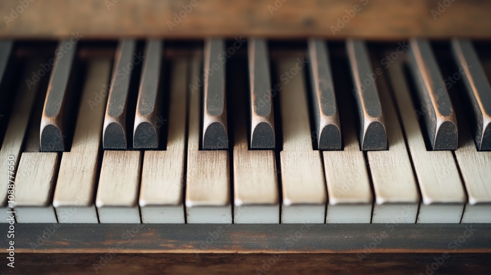 Close-up view of an old, worn piano keyboard with weathered black and white keys, showing signs of aging and use, conveying a vintage and rustic feel. Close-up view of an old, worn piano keyboard with weathered black and white keys, showing signs of aging and use, conveying a vintage and rustic feel.