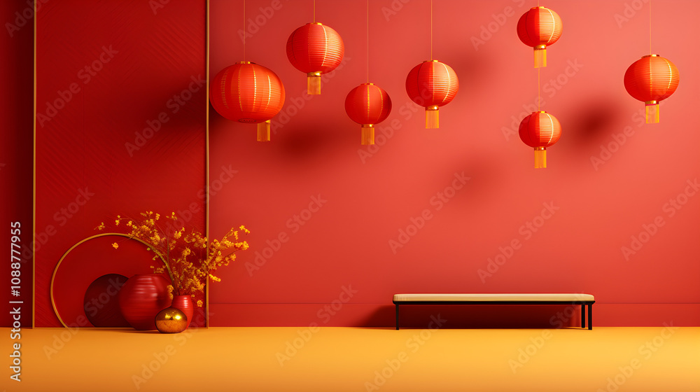 Red and Gold Chinese New Year Interior Design with Lanterns and Bench Red and Gold Chinese New Year Interior Design with Lanterns and Bench