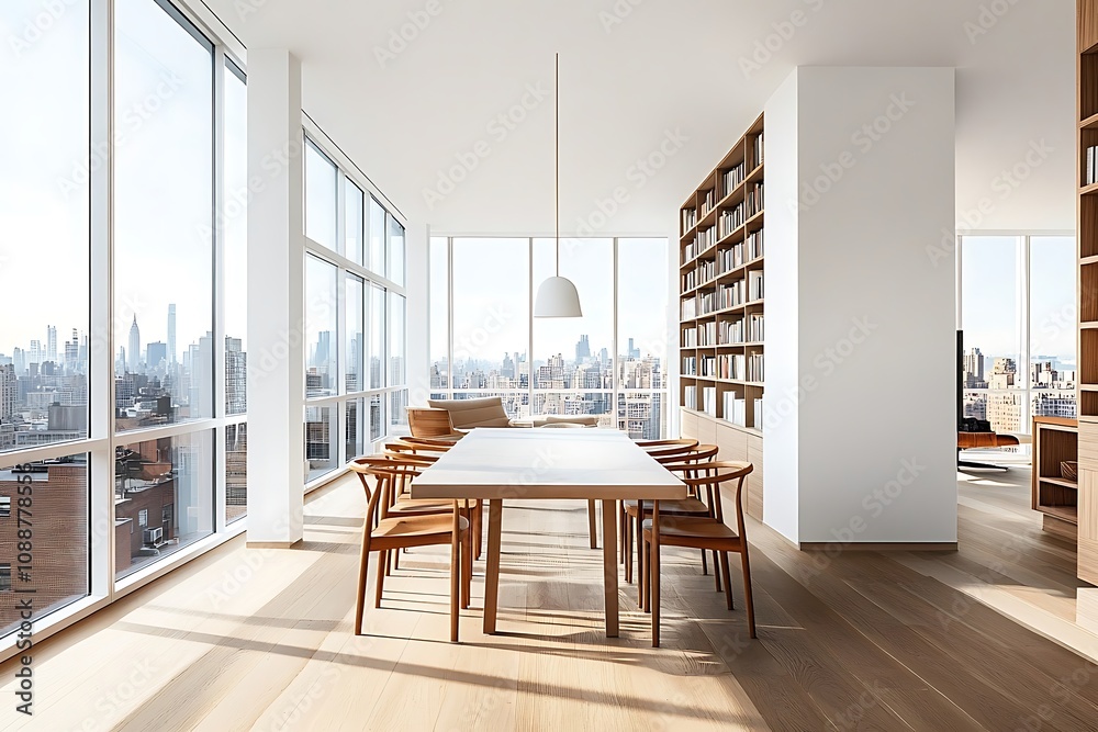 Panoramic City View Minimalist Home Interior with Wooden Dining Table and Chairs Panoramic City View Minimalist Home Interior with Wooden Dining Table and Chairs