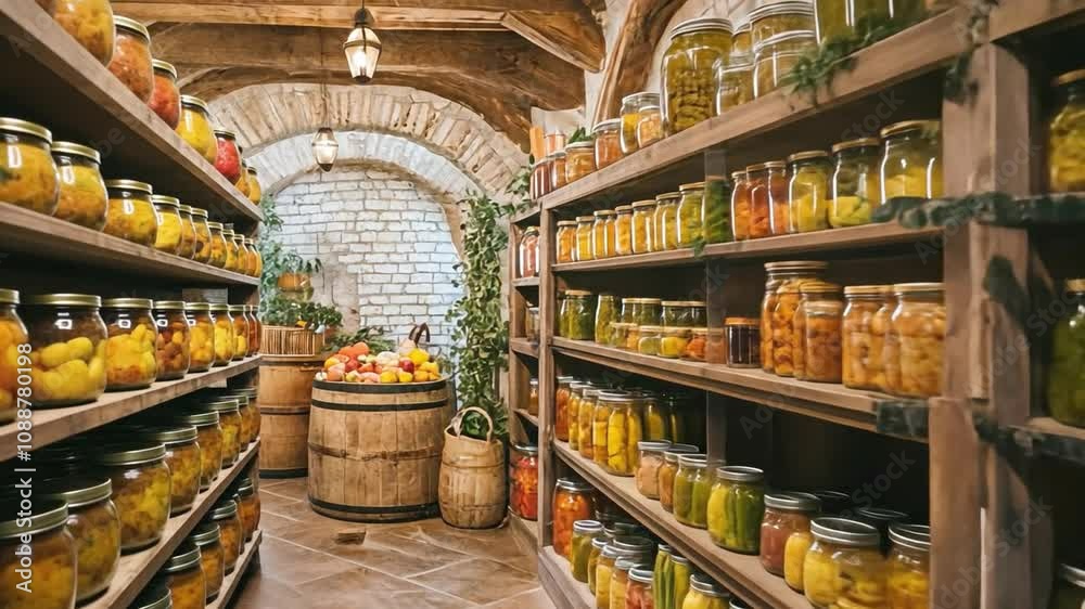 Preserved food displayed on shelves in rustic cellar Preserved food displayed on shelves in rustic cellar
