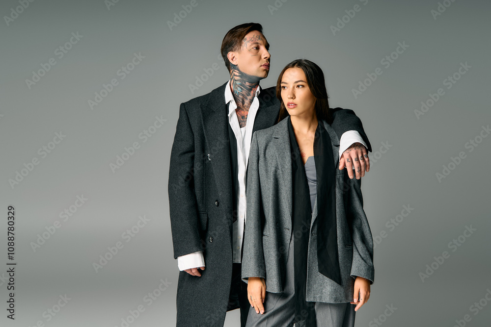 A young couple stands together, exuding elegance and confidence in chic attire. A young couple stands together, exuding elegance and confidence in chic attire.