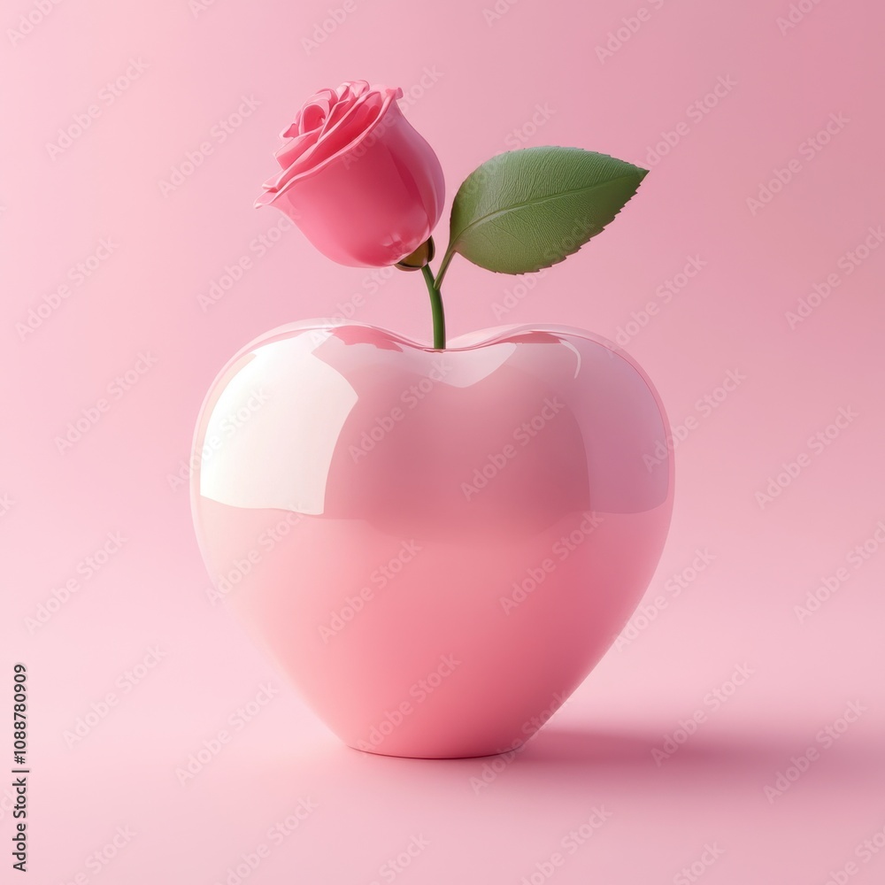 Obraz premium Romantic Heart-Shaped Vase with Pink Rose