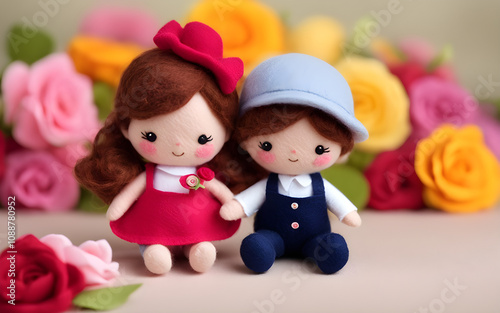 Cute handmade felt dolls boy and girl in colourful outfits