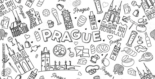 horizontal Prague doodles, cartoon decorative elements collection set icons. vector illustration