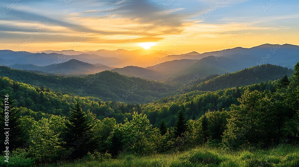 Fototapeta premium Sunset over mountain range landscape. Scenic nature view.