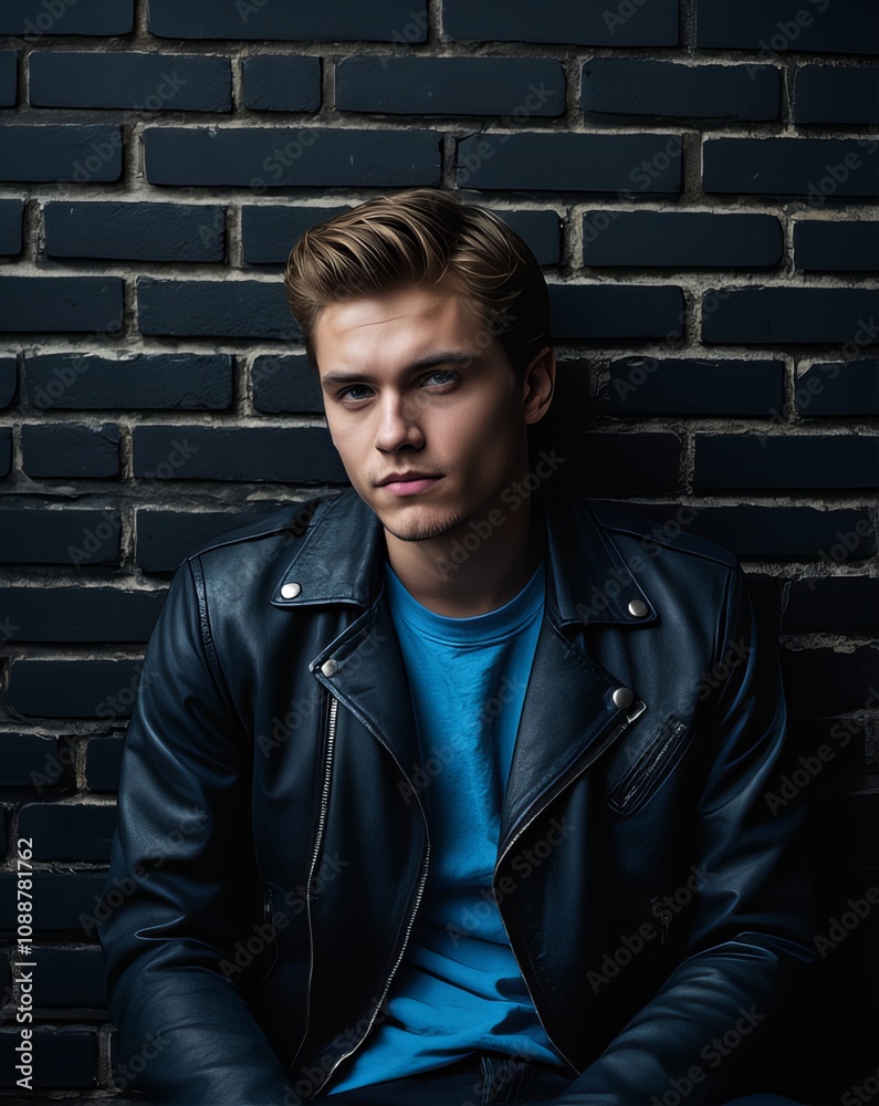 Young Man in Leather Jacket by Wall Young Man in Leather Jacket by Wall