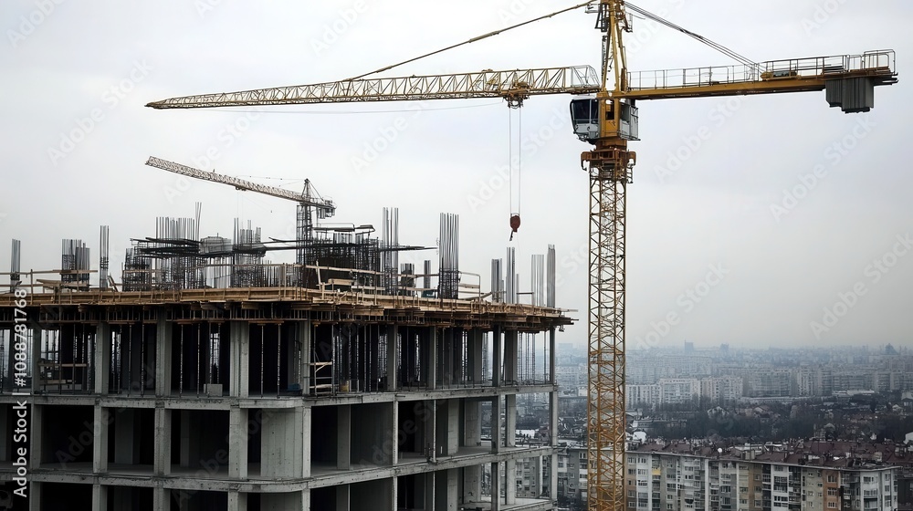 modern skyscraper under construction, cranes and scaffolding, urban skyline in the background modern skyscraper under construction, cranes and scaffolding, urban skyline in the background
