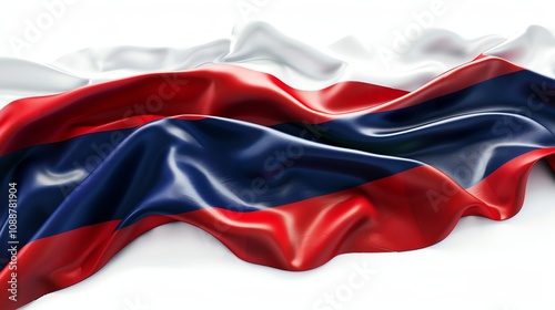 The flag of Haiti, a horizontal triband of blue, red and blue, is draped over a white surface. photo