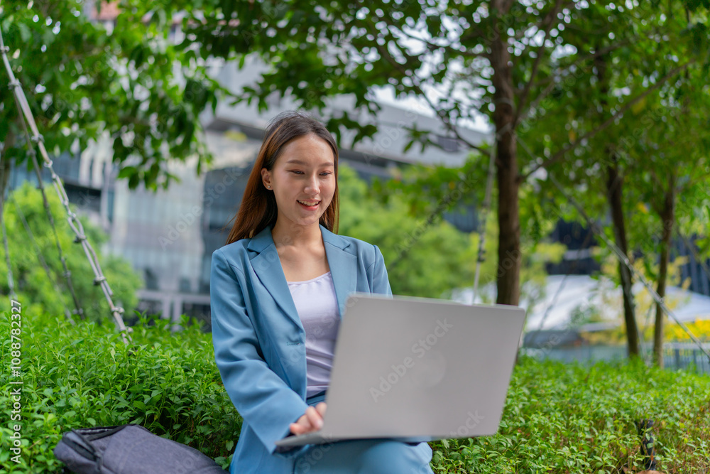 Asian Woman Sitting In A Garden and Using Laptop Asian Woman Sitting In A Garden and Using Laptop