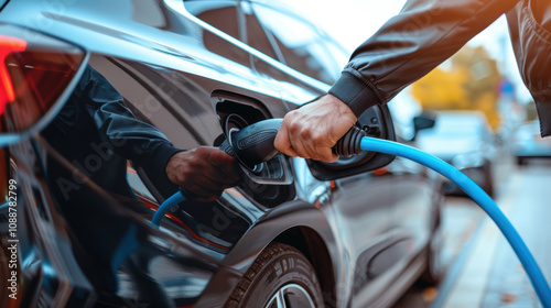 A man is filling up a car with electricity