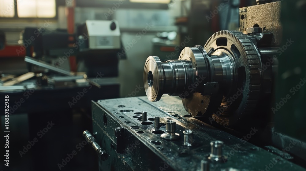 Fototapeta premium Close-Up of Precision Machinery with Complex Gears and Equipment in a Modern Industrial Setting Highlighting Advanced Engineering Techniques