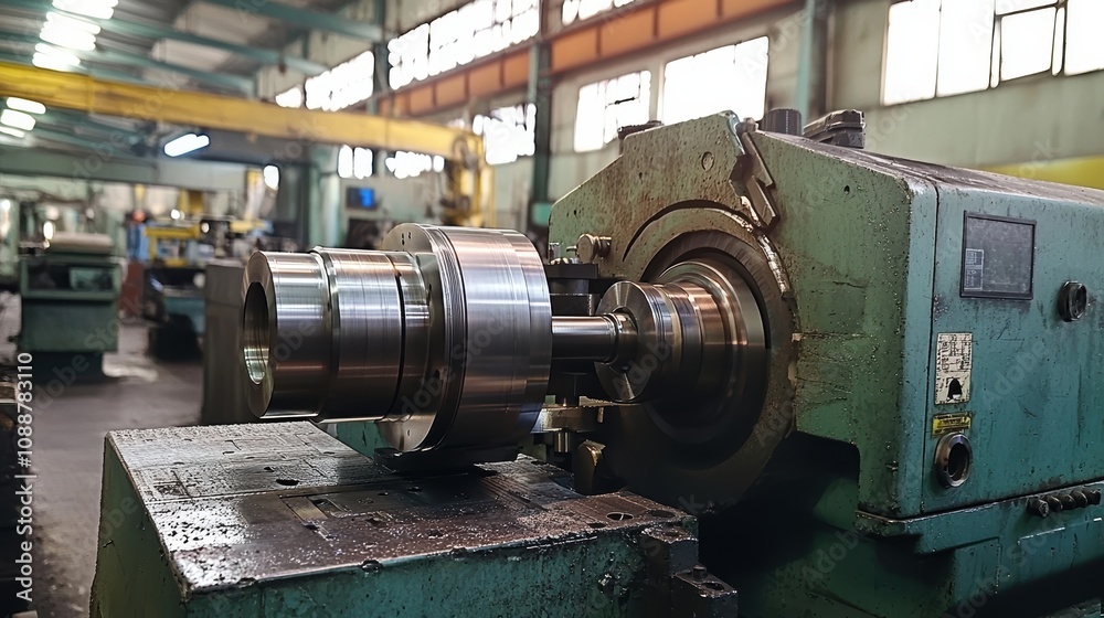 Industrial machinery in action showcasing precision metalworking processes in an open factory environment with tools and equipment for manufacturing parts safety Industrial machinery in action showcasing precision metalworking processes in an open factory environment with tools and equipment for manufacturing parts safety