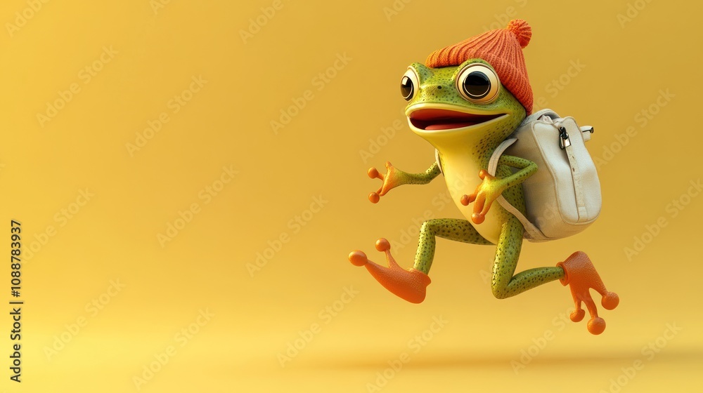 A cheerful cartoon frog wearing a beanie and backpack, joyfully leaping against a yellow background. A cheerful cartoon frog wearing a beanie and backpack, joyfully leaping against a yellow background.