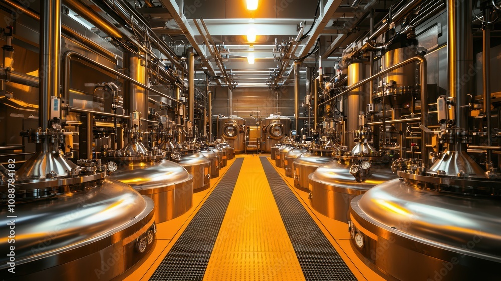 Industrial Interior of a Modern Chemical Processing Plant with High-Tech Equipment and Sleek Stainless Steel Design for Manufacturing and Production Purposes Industrial Interior of a Modern Chemical Processing Plant with High-Tech Equipment and Sleek Stainless Steel Design for Manufacturing and Production Purposes